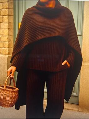 Elegant Brown Ribbed Knit Poncho & Sweater Set - Women Sweaters